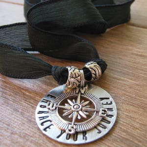 Embrace Your Journey Necklace, Compass Necklace, Silk Ribbon Necklace, Graduation Necklace, washer, customize text, ribbon color, choker