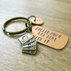 Ready to ship, Poker Keychain, Buckle Down and Deal With It, Playing Cards charm, poker player gift, card games, poker humor
