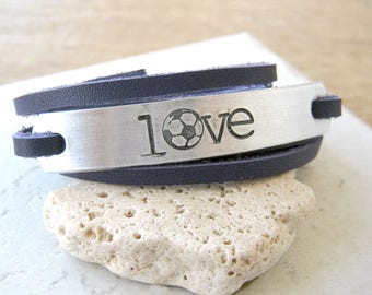 Love Soccer Bracelet, Soccer Love Bracelet, choose your leather color, soccer player gift, soccer fan, Leather Wrap bracelet, Sports, unisex