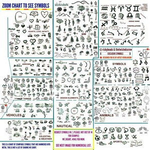 May include: A chart with over 400 symbols for stamping metal. The chart is organized into categories such as hearts, love, infinity, arrows, things, design elements, vehicles, nautical, celestial and weather, animals, and sports. The chart includes a note to request symbols by name and number, for example, "(heart, #84) you mom".