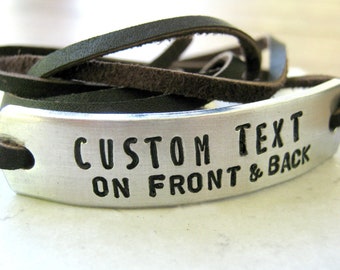 Double Sided Leather Wrap Bracelet or vegan faux suede, outside & Inside text, secret message, custom quote, stamp both sides