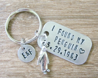 Personalized I Found My Penguin keychain, anniversary date, optional initial disc, anniversary gift, engagement gift, wedding gift, aluminum