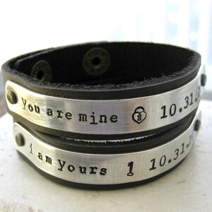 I am Yours, You are Mine, Leather Cuff Bracelet set, 1/2 inch wide, customize up to 25 characters, couples jewelry, his and hers, lgbt
