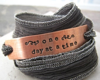 One Day At A Time Wrap Bracelet, hand dyed silk ribbon in choice of color, sobriety, recovery, motiviational, inspirational, encouragement