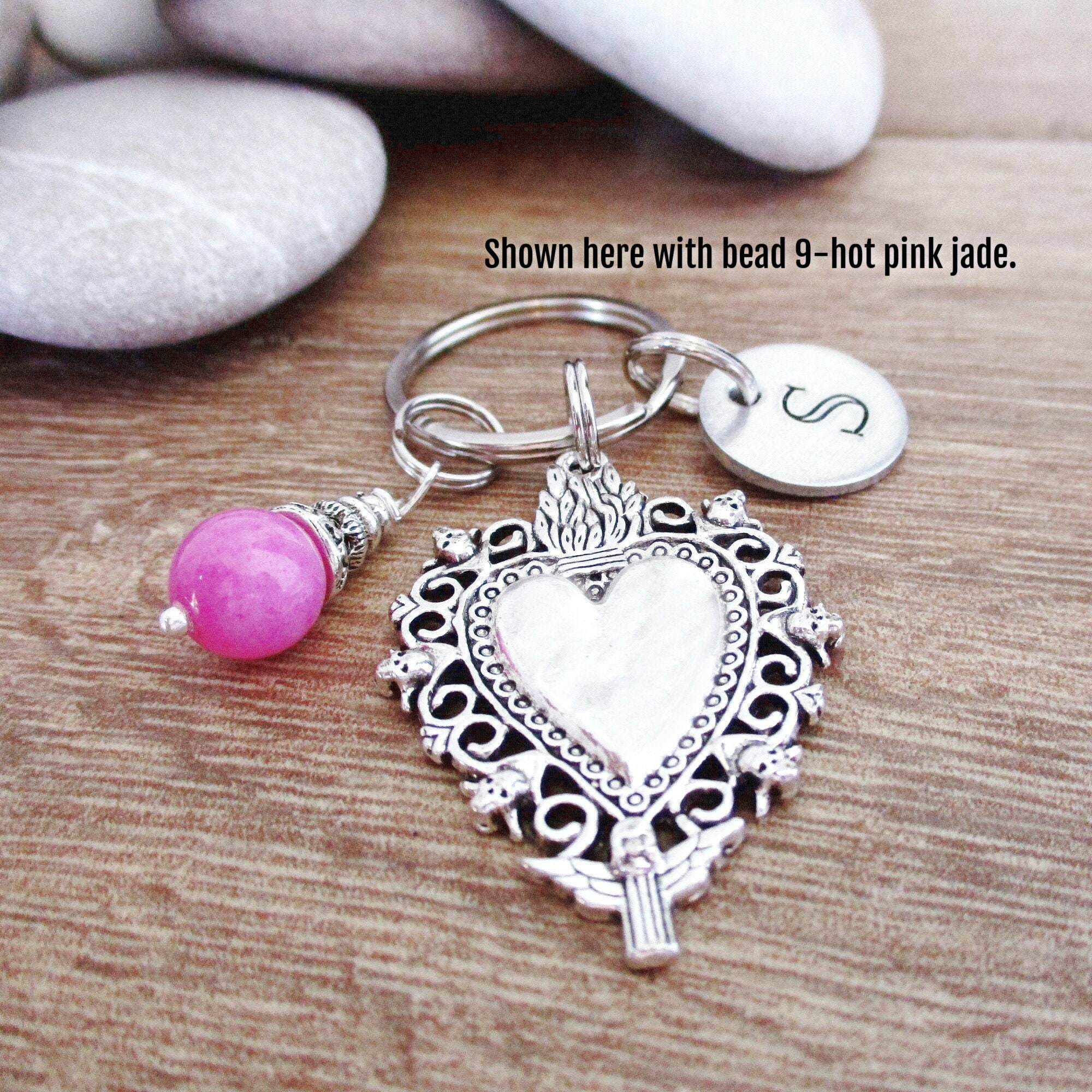 Sacred Key Chain Sacred Heart Keychain, 12mm Burgundy Agate Bead or Your Choice, Initial ...
