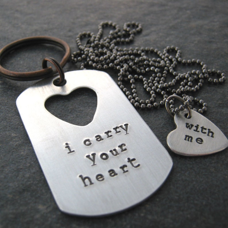 gunmetal chain heart cut out customize with your details I carry your heart Heart Keychain and Necklace Set aluminum dog tag