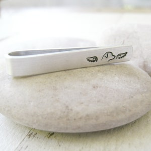 Dog Tie Bar, Angel Dog Tie Clip, Dog Memorial Tie Bar, Dog Remembrance keepsake, loss of dog, dog and angel wings, name on back, 8 letters