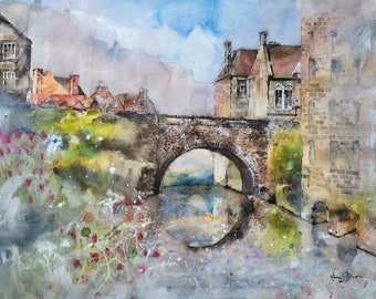 Lente uitzicht op de Dean Village, vanuit de richting Stockbridge, Edinburgh, Schotland