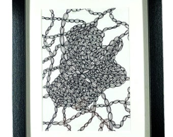 Zentangle Bild, Zentangle Kunst, Feinlinien Kunst, handgezeichnet, schwarz weiß, im Bildrahmen