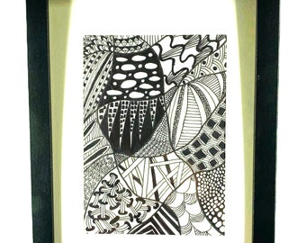 Zentangle Bild, Zentangle Kunst, Feinlinien Kunst, handgezeichnet, schwarz weiß, im Bildrahmen