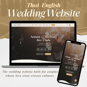 May include: A laptop and a smartphone displaying a Thai-English wedding website for Annaa and Michael, featuring a countdown to November 12, 2026, in Bangkok and San Diego. The interface includes navigation menus, an RSVP button, and calendar links.