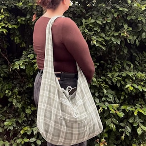 Peggy Upcycled Reverisble Slouchy Tote Shoulder Bag - Green Plaid