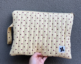 Upcycled Quilted Laptop Case - Yellow and Burgundy Polka dots