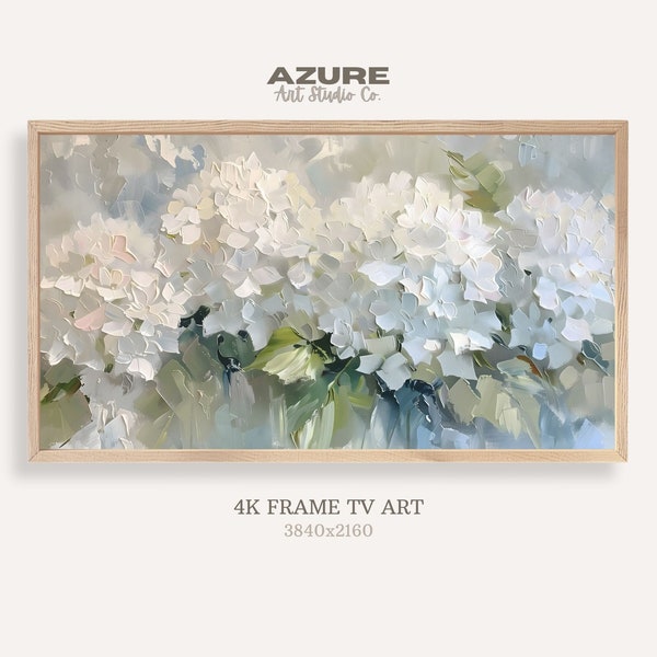 White Hydrangea Rustic Farmhouse Frame TV Art, Summer Botanical Screensaver, Hydrangea Textured Art, Floral Oil Painting Digital Download