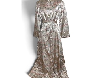 Abrigo largo de seda jacquard con estampado de pagoda, estilo paisaje asiático, brocado.