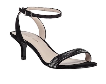 Pelle Moda Kitten Heeled Sandals, Black Suede, Rhinestone Glam