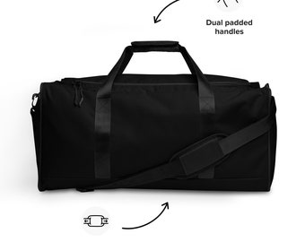 May include: Black duffel bag with dual padded handles and an adjustable and removable shoulder strap.
