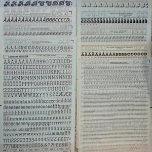 May include: A selection of Letraset dry transfer sheets showcasing diverse fonts and styles. The sheets present uppercase and lowercase letters, numbers, and symbols in various typefaces, including bold, condensed, and shadow effects. Suitable for graphic design and typography.