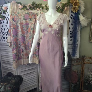 1930s Antique Lavender Silk Slip Dress Hand Dyed with Antique Rose Flower 1930s Clothing