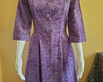 1950s Purple Flocked Velvet "Lazy U" Hostess Dress with Glass Buttons