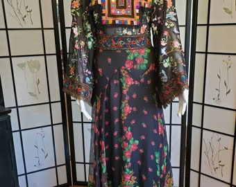 Artsy Boho, Romantic Bohemian, 1970s Maxi Style, 1970s Ethnic, Floral Chiffon Asian Embroidery Dress