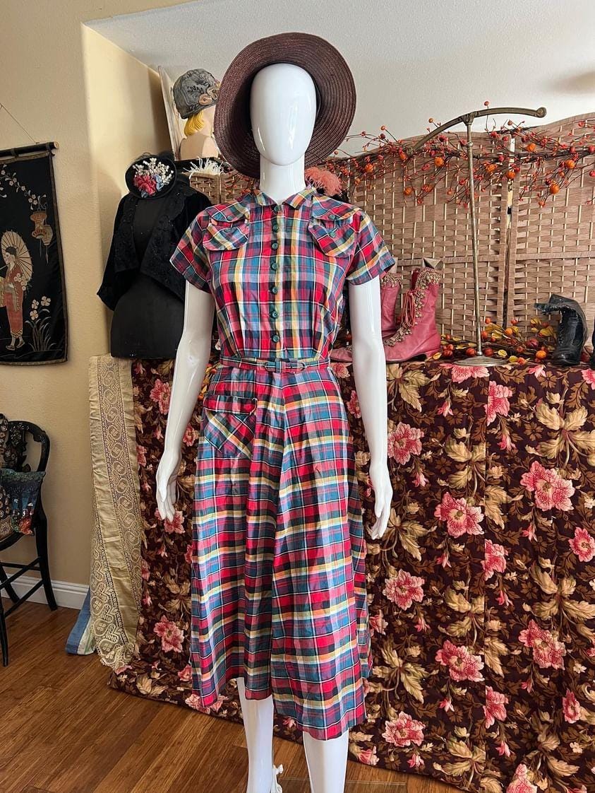 princess polly baby blue dress 1950s Autumn Colored Plaid Day Dress