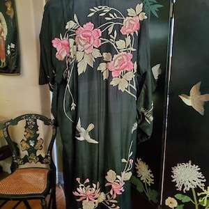 Antique Japanese Silk Embroidered Kimono C. 1930s, Art Deco Handmade Embroidery