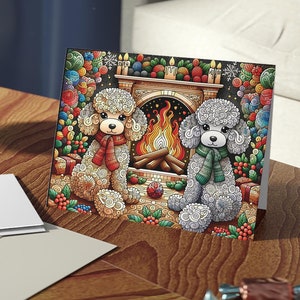 Cozy Poodles Holiday Greeting Card, Festive Fireplace Scene, Poodle Christmas, Dog Pet Card,  May your holidays be ever joyful, 8/16/24 pcs