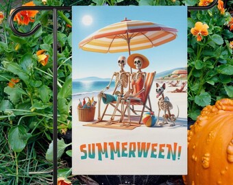 May include: A garden flag with a beach scene featuring skeletons relaxing under an umbrella. The flag reads "SUMMERWEEN!" in orange and teal. A dog skeleton sits nearby. The flag is displayed in a garden with flowers and a pumpkin.