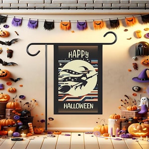 May include: A black metal garden flag holder with a colorful Halloween flag that reads "Happy Halloween" with a witch flying on a broomstick in front of a full moon.