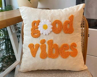 Good Vibes Pillow Cover, Decorative Pillow Case, Punch Needle Pillow Cover, Handmade Punch Needle Pillow Case