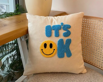 It's OK Smiley Face Punch Needle Pillow Cover - Linen Home Decor