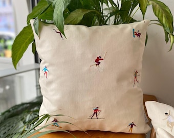 Ski Pattern Cushion Cover - 43x43cm Embroidered Cushion Cover With Ski Pattern - Home Decor - Ski Embroidered Pillow Case