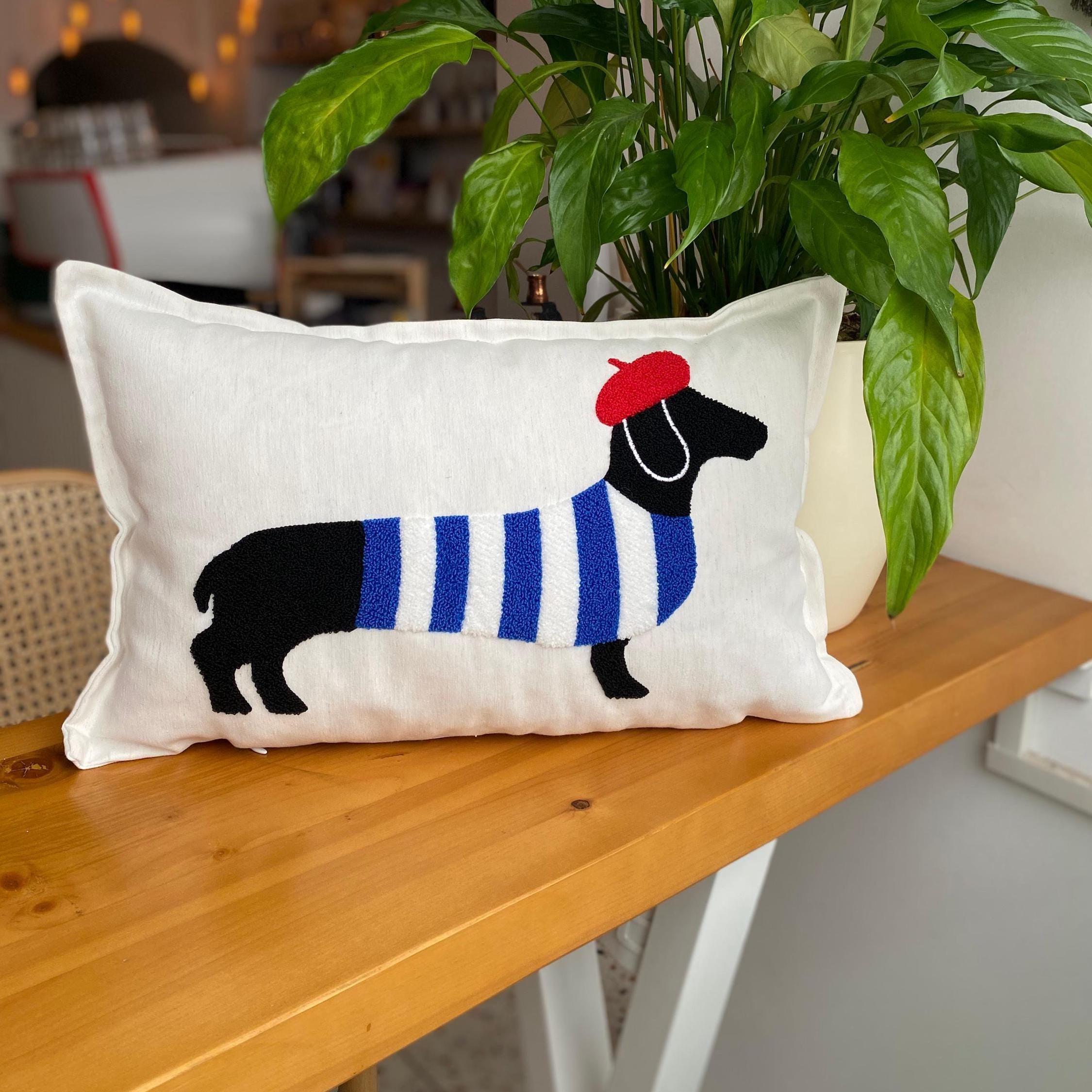 Sausage Dog Pillow Cover: Handmade Punch Embroidery, Cotton Fabric