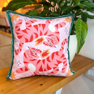 Tiger Patterned Decorative Cushion Cover - Pink - Green Cushion Cover - Double-sided Printed Cushion - Decorative Home Gift