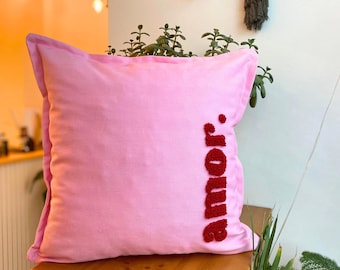 Handmade Amor Punch Embroidery Pillow Cover - Pink Cotton Pillowcase