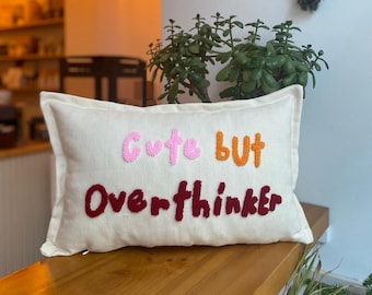 Cute but overthinker Punch Needle Emroidery Pillow Case, Colorful Pillow Case, Home Decor, Colorful Home Decor, Punch Needle Throw Pillow