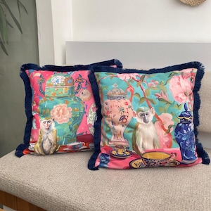 Monkey Patterned Fringed Square Decorative Cushion Cover Set - Monkey Cushion Cover - Double-sided Printed Cushion Set - Home Decor