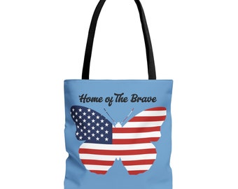 Light Blue American "Home of The Brave" Canvas Tote Bag. Great gift, work, school, lunch bag