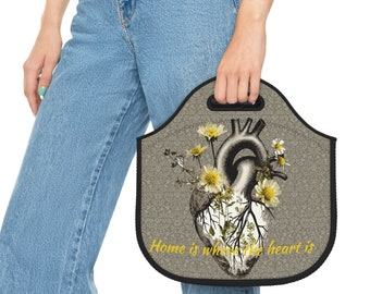 Cuore anatomico medico con fiori gialli Borsa per il pranzo in neoprene marrone