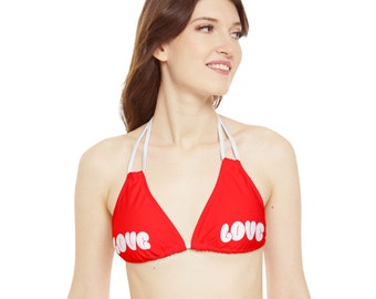 Red and White "Love" Strappy Triangle Bikini Top. Perfect for summer, pool party, Beach. Give as a gift.