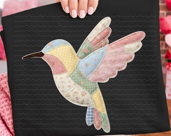 Patchwork Hummingbird PNG Digital Download, Vintage Quilt Hummingbird Clipart, Floral Fabric Bird Illustration