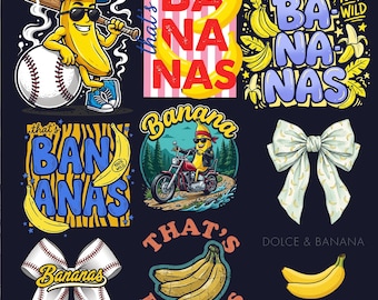 Paquete de plátanos PNG Diseños de sublimación 9 divertidos diseños de camisetas de plátanos, Eso es plátanos, Béisbol, Lazo coqueto,