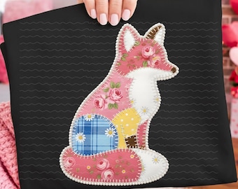 Vintage Quilt Fox PNG, Floral Patchwork Clipart (Digital Download)