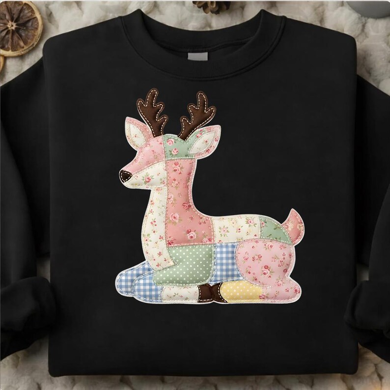 Vintage Quilt Patchwork Deer PNG, Floral Fabric Illustration (Digital Download) image 3