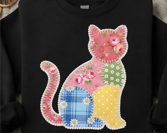 Patchwork Cat PNG Digital Download, Vintage Quilt Kitty Clipart, Floral Fabric Cat Illustration