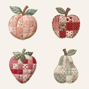 May include: Four fabric ornaments shaped like a peach, an apple, a strawberry, and a pear. Each piece features a patchwork design with various red, pink, green, and cream floral, gingham, and heart patterns, finished with visible quilted stitching.