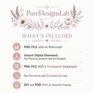 May include: A digital product graphic with the text "PureDesignsLab" and "WHAT'S INCLUDED". The image includes text about PNG files, instant digital downloads, transparent backgrounds, personal and commercial use, and DIY/POD friendly.