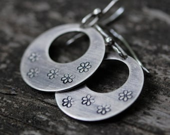 Sterling silver daisy dangle earrings / boho hoop dangles / flower earrings / gift for her / jewelry sale / silver hoops / stamped jewelry