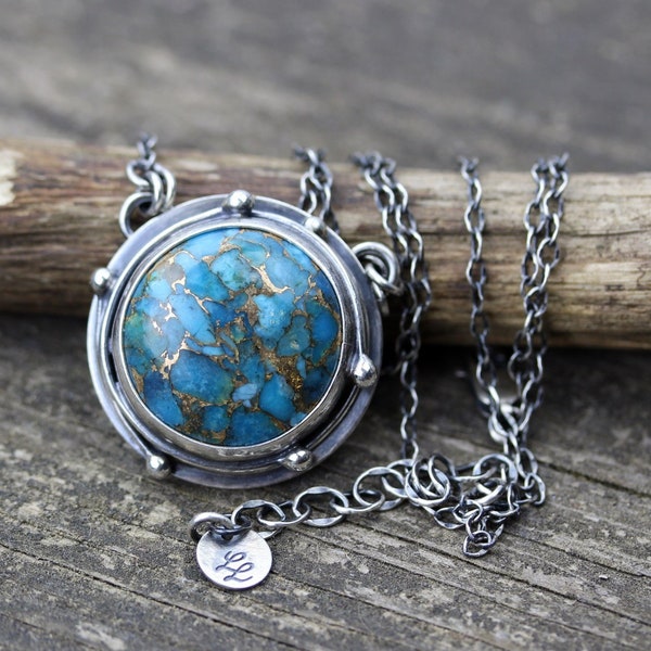 Kingman turquoise necklace / copper infused turquoise / gift for her / sterling silver necklace / silver ball chain / jewelry sale